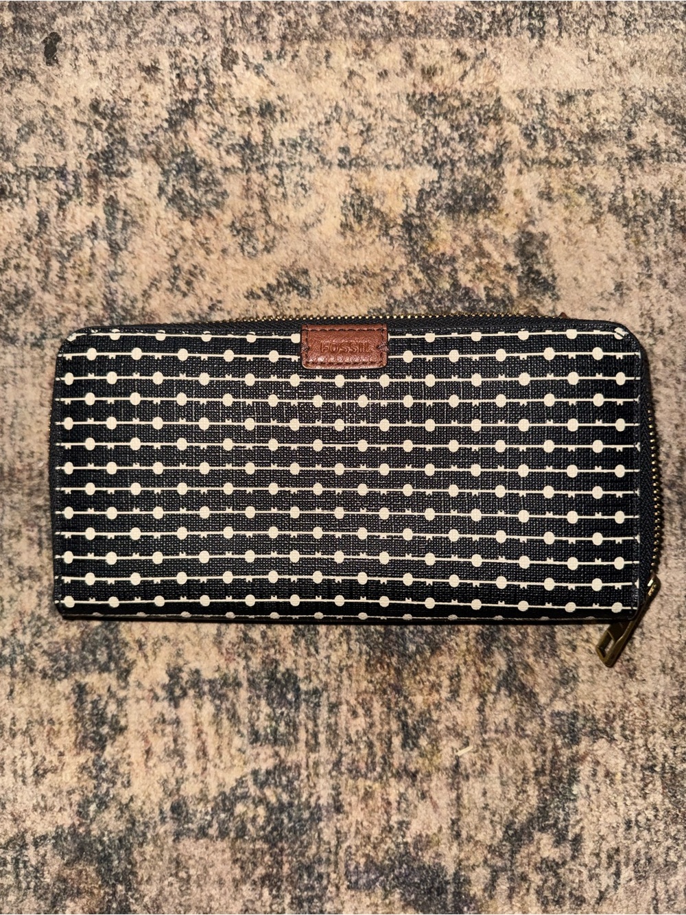 Fossil Black and White Dot-Stripe Zip Wallet with Brown Logo Patch